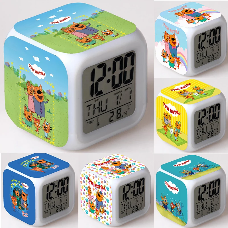 

TpnkoTa Three Kittens Clock Children Led Night Light Desk Date Temperature Clock My Family Three Happy Cats Kids Birthday Gift