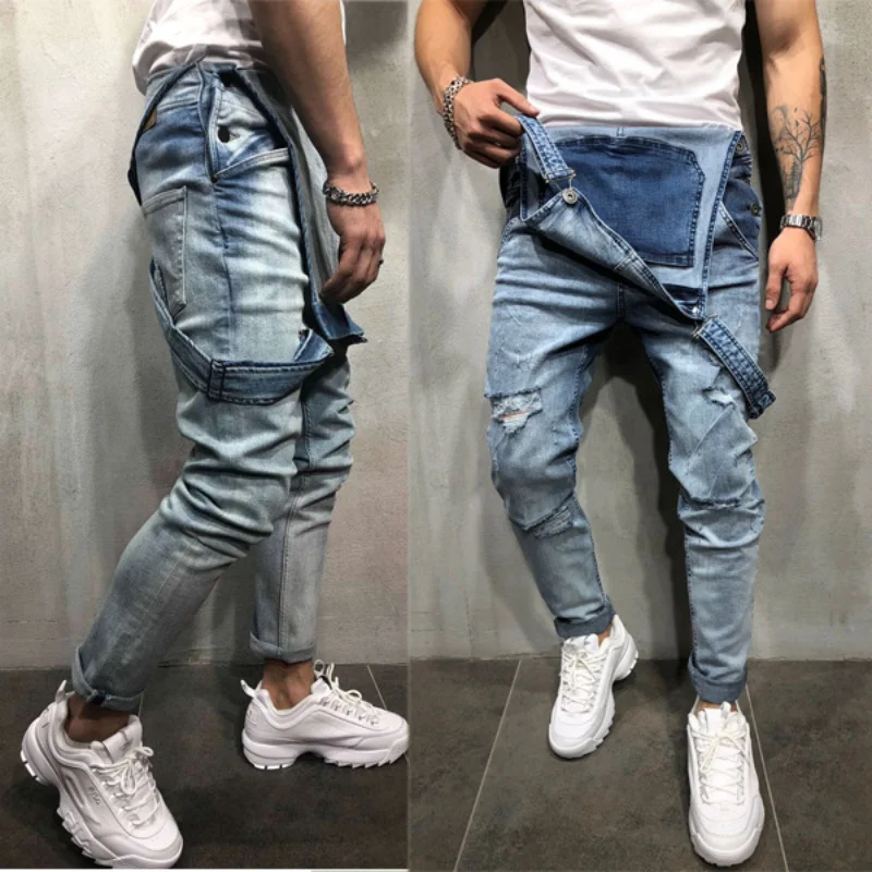 

Fashion Men's Ripped Jeans Jumpsuits Ankle Length Letter printing Distressed Denim Bib Overalls For Men jeans Suspender Pants