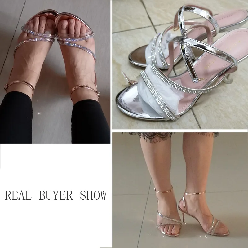 silver High heel sandals bandage rhinestone ankle strap women pump high heels 8 cm stiletto 2020 ladies shoes | Обувь
