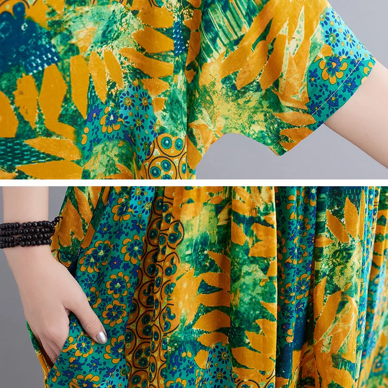 

New Arrival 2021 Summer Plus Size Bohemian Holiday Dress Women'S Loose Print Short Sleeve Dress Cotton Linen Dress Ladies Dress