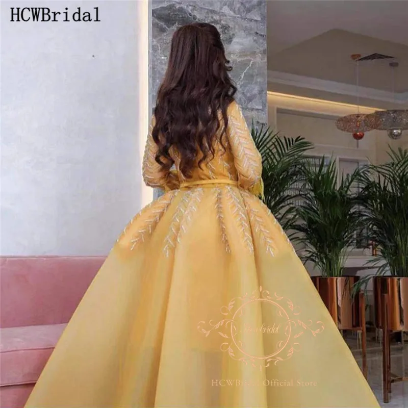 Exquisite Long Sleeves Gold Beads Arabic Evening Dress With Feather High Quality Organza Plus Size Special Occasion Prom Gowns | Свадьбы и