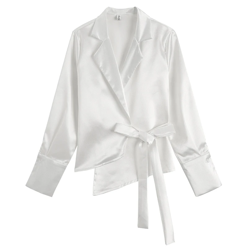 

Винтажные женские офисные белые атласные рубашки, осенняя Женская одежда с длинным рукавом, женские атласные топы, женские атласные белые р...