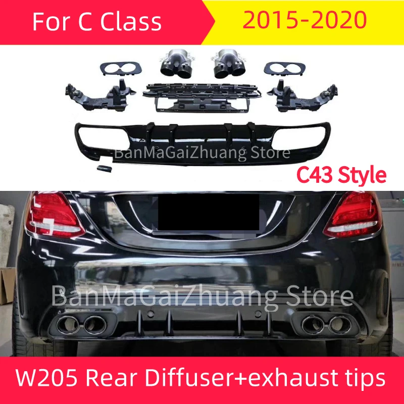 

W205 Rear Diffuser for Mercedes C class 2015-2020 Sedan 4 Door C180 C200 C300 classe PP Rear Lip C43 style exhaust pipe