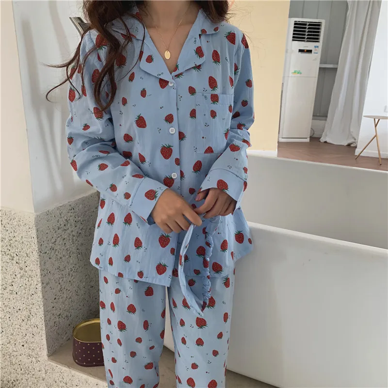 

BornSra Autumn Pants Suits Women Pajamas 2020 New Sweet Strawberry Print Home Pijama Mujer Two-piece Suit Loose Sleepwear