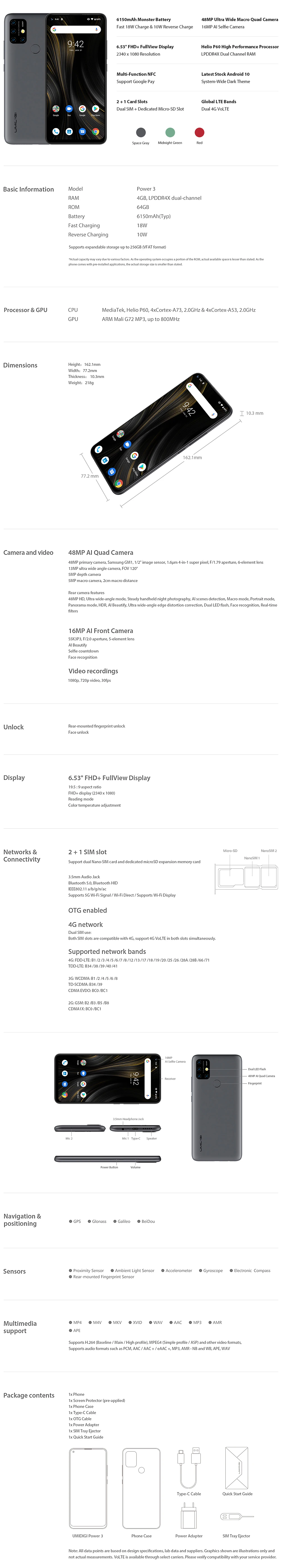 UMIDIGI power 3 смартфон Android 10 4 Гб 64 Гб 6,35 дюймов Восьмиядерный 48мп четырехъядерный камера 6150 мАч разблокированный NFC 4G мобильный телефон