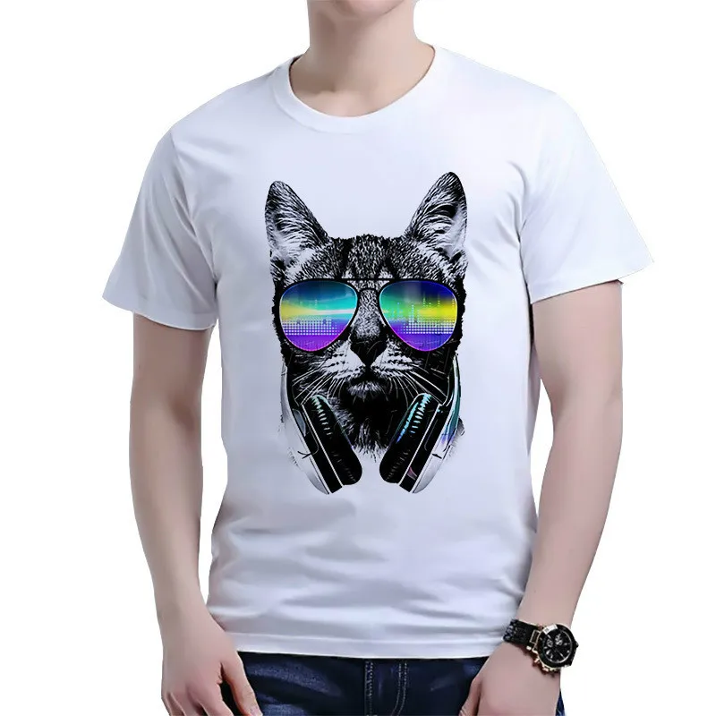 

Men's printed solid color cute cat O-neck short-sleeved comfortable loose 3D printed shirt 2021 summer new style