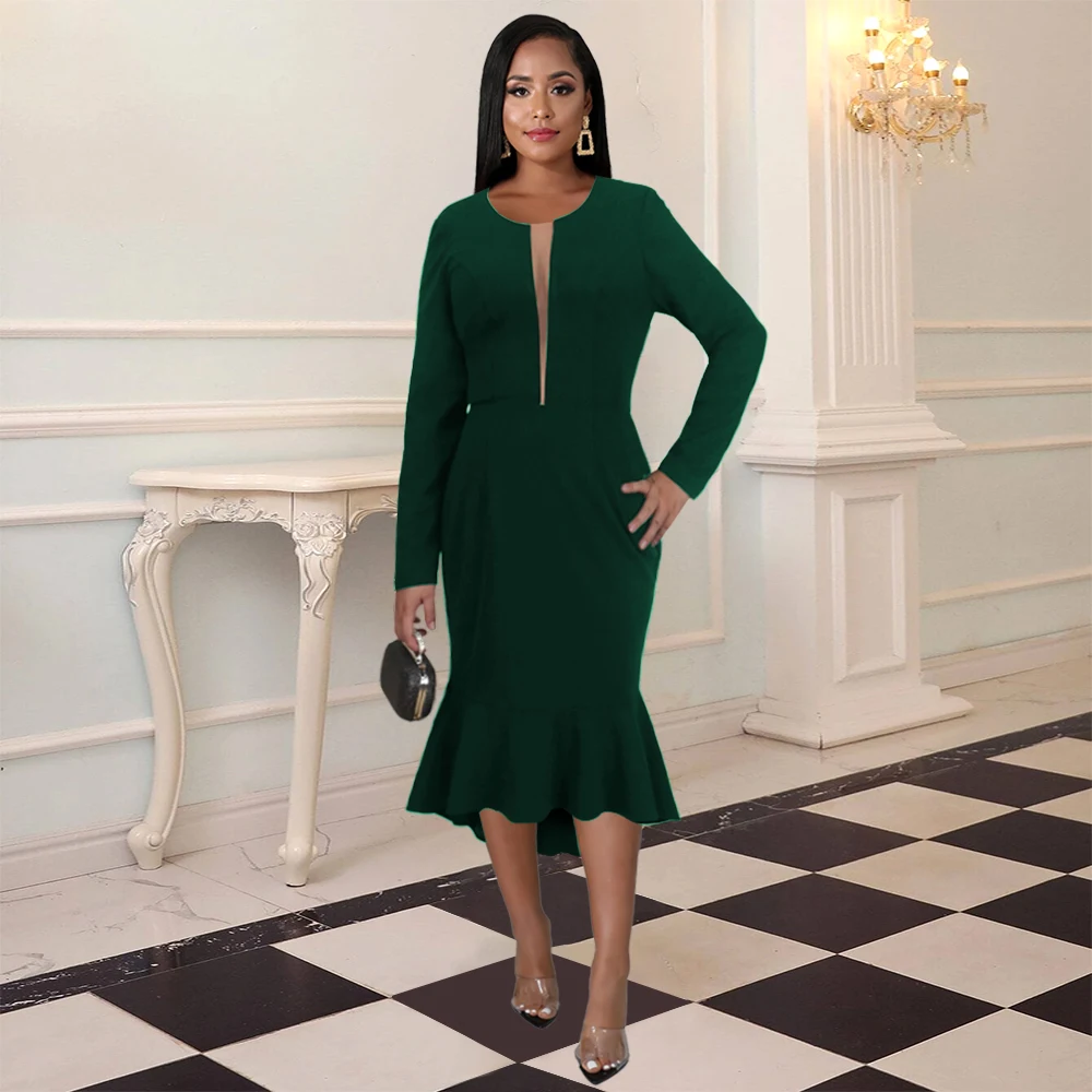 

Women Irregular Long Sleeve Drses Bodycon Cut Out O Neck Ruffles High Waist Tulle Office Lady Evening Birthday Party Gown Winter