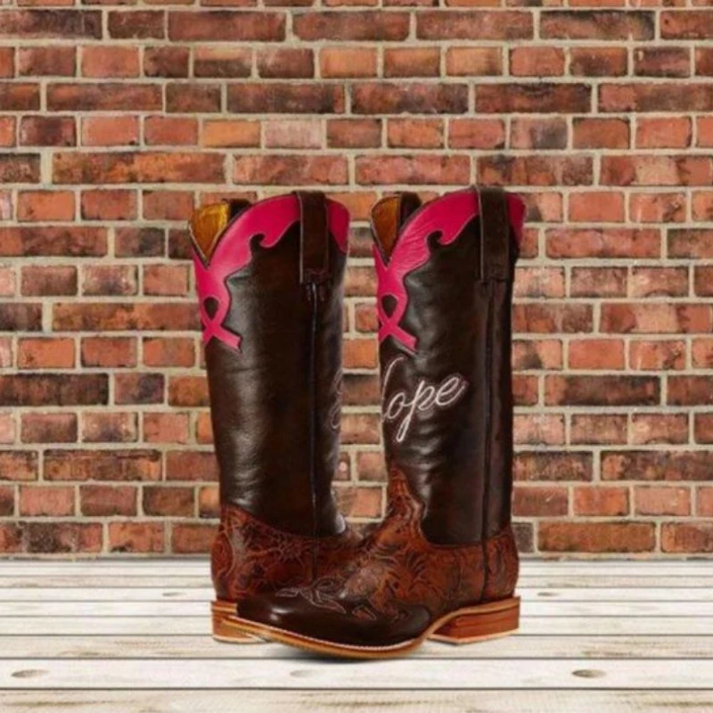 

Women PU Leather Color Matching Pink Ribbon Printing Western Cowboy Boots Square Heel Pointed Fashion Boots Deep V-mouth 8KH397