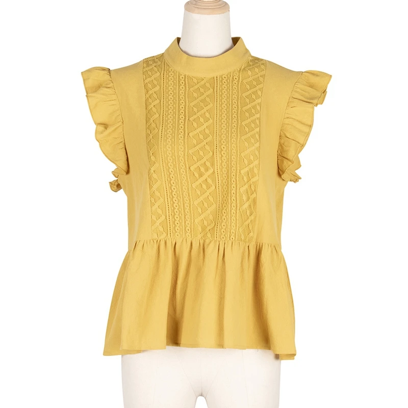 

Women Summer Stand Collar Sleeveless Ruffled Yellow Loose Thin Top