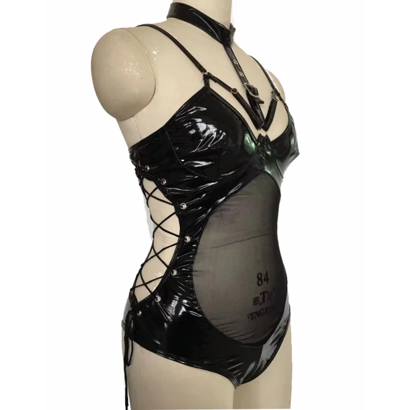Боди женское Бандажное черное из лакированной кожи большие размеры |