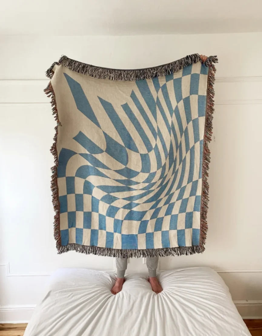 Настенный гобелен в клетку украшение для гостиной спальни синяя печать волн