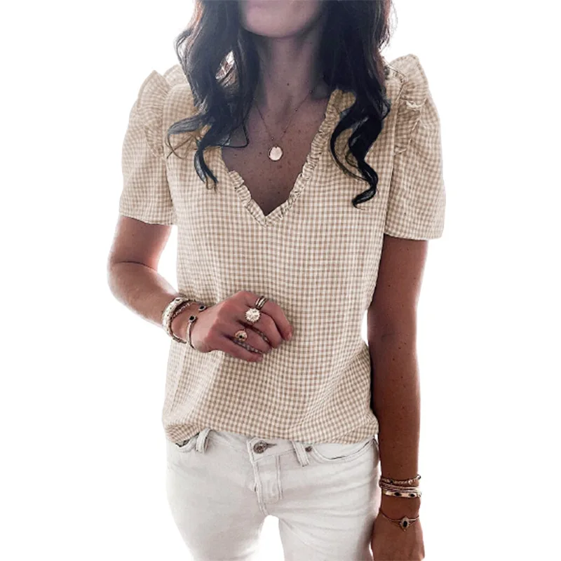 

2021 Women's Fashion V-neck Ruffle Check Short Sleeve Top Shirt