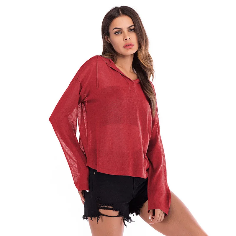 Женский однотонный тонкий свитер с капюшоном и длинным рукавом | Женская одежда