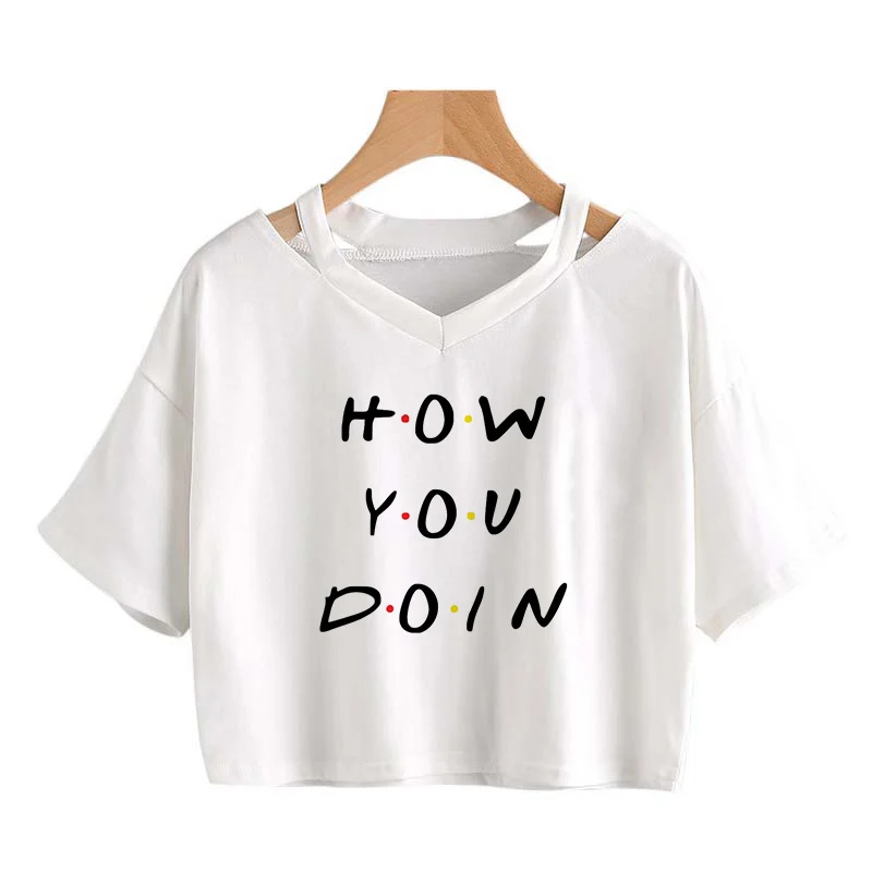 Летняя женская футболка с принтом HOW YOU DOIN белый пикантный кроп топ V образным