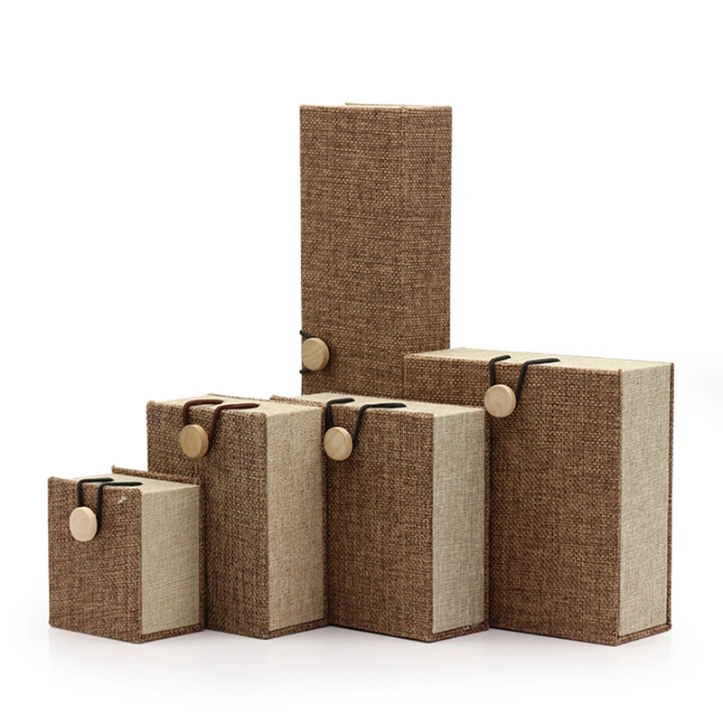 Wooden Buckle Design Linen Jewelry Ring Pendant Bracelet Long Chain Box With Built-in Plush Card Slot Dimensional Colored Paper