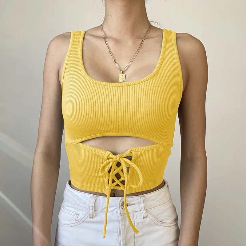 

hirigin European and American summer new 2021 cross border sexy slim fitting U-shaped collar waist hollow strap vest crop top