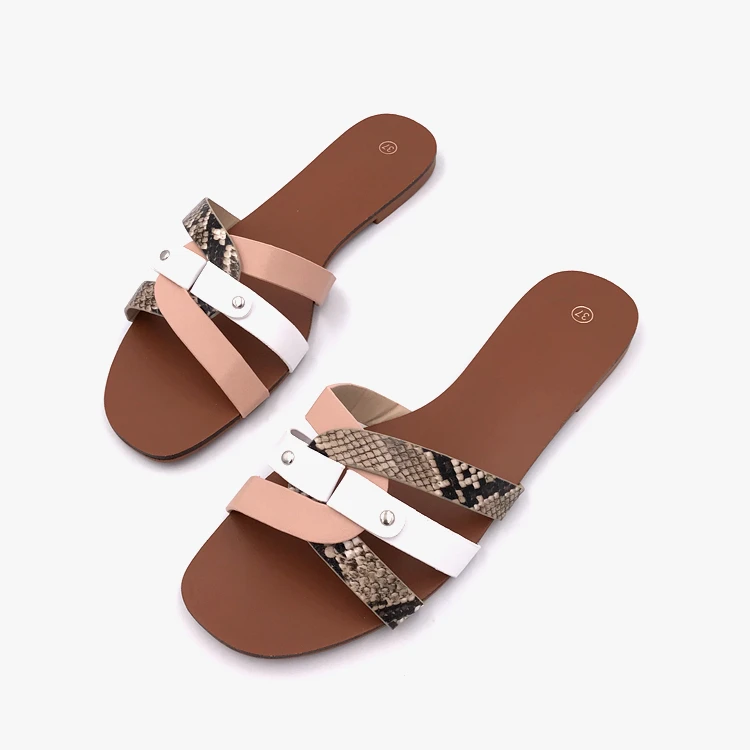 Snake pattern HTUUA/Брендовые женские шлепанцы; Новинка года; летние леопардовые вьетнамки на плоской подошве; женские пляжные шлепанцы без застежки; Mule; SX3646 - Цвет: Snake pattern