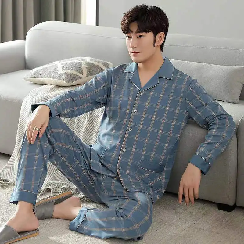 100% Cotton Pijama For Men Turn-Down Collar Spring Autumn Lounge Sleepwear Pyjamas 2-Piece Set Home Clothes Male Homewear