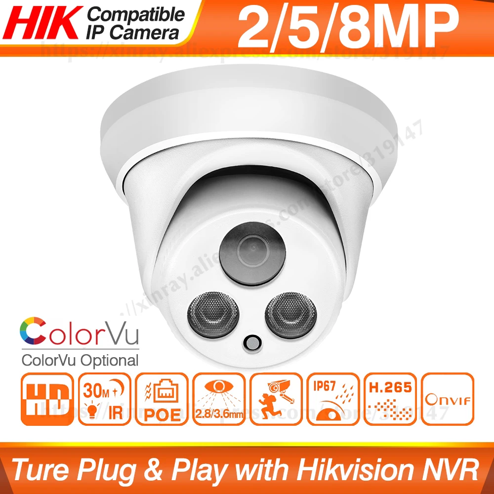 

Купольная IP-камера Hikvision, совместимая с 5 МП, POE, 8 Мп, камера видеонаблюдения ColorVU IR, 30 м, H.265, P2P, камера видеонаблюдения Plug & play