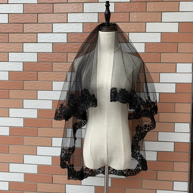 

1-Tier Women Black Wedding Veil Embroidery Floral Lace Sheer Tulle 2022