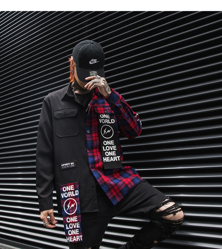 New Western Diablo Style Fashion Individuality Printed Plaid Patchwork Men's Long-Sleeved Shirts Hip Hop Autumn Streetwear Color