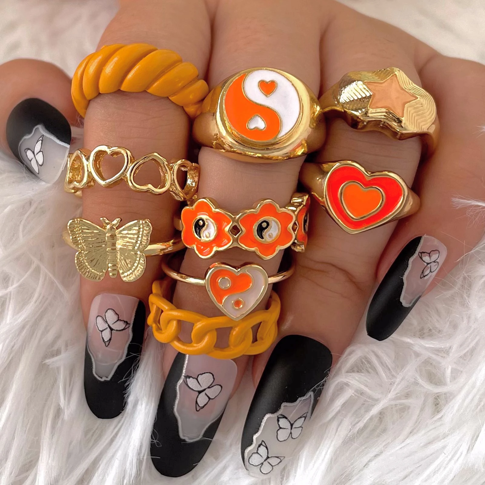 

Flatfoosie Trendy New Heart Yin Yang Enamel Rings For Women Steampunk Love Heart Butterfly Rings Female Jewelry Friendship Gift