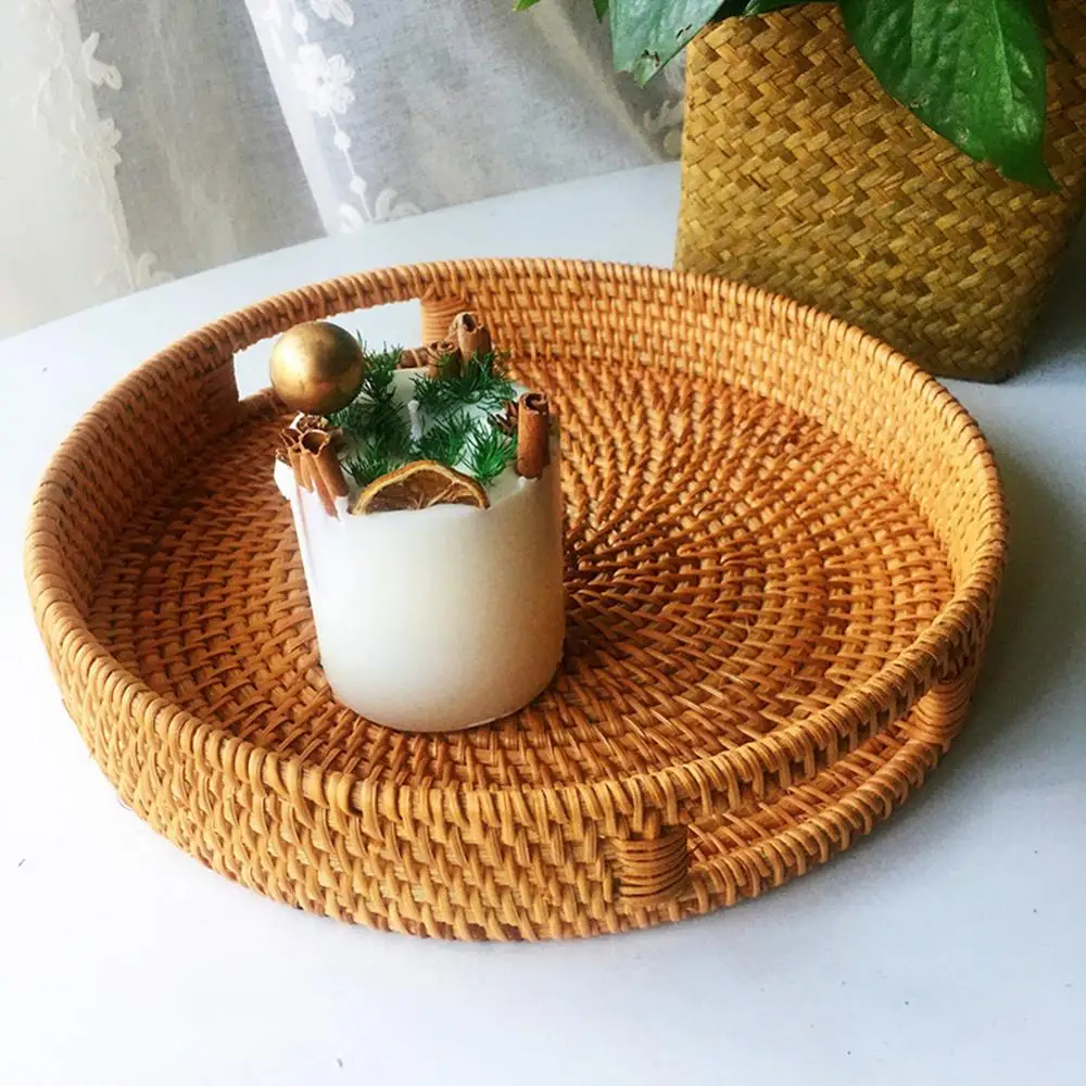 

Handmade Bamboo Storage Basket Fruit Vegetable Bread Basket Round Hand-Woven Rattan Tea Tray Kitchen Household Storage Container