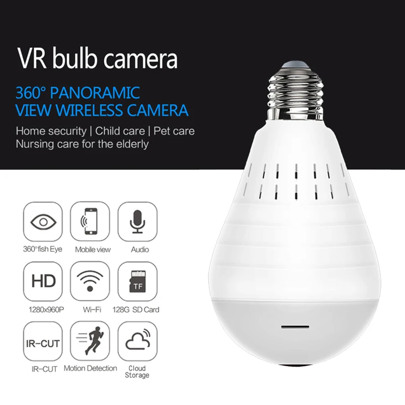 

HD 1080P Mini Wifi Camera Panorama VR Wireless CCTV Camera 360 EYES Panoramic Fisheye E27 Bulb Light Home Security Bulb Lamp