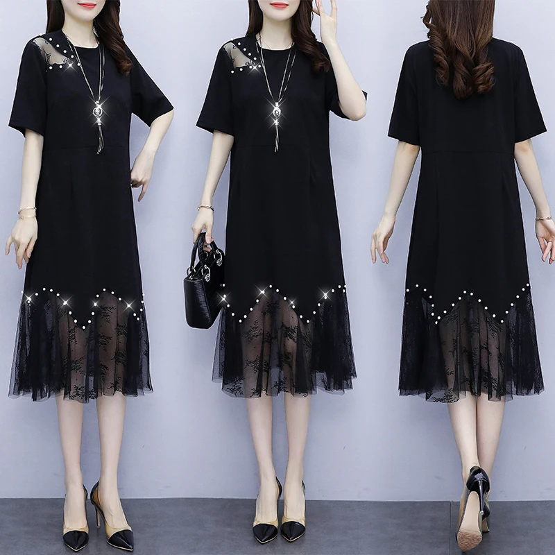 

2021 summer plus size Vestidos Korean casual stitching robe femme loose T-shirt Mesh dress Clothes for Women