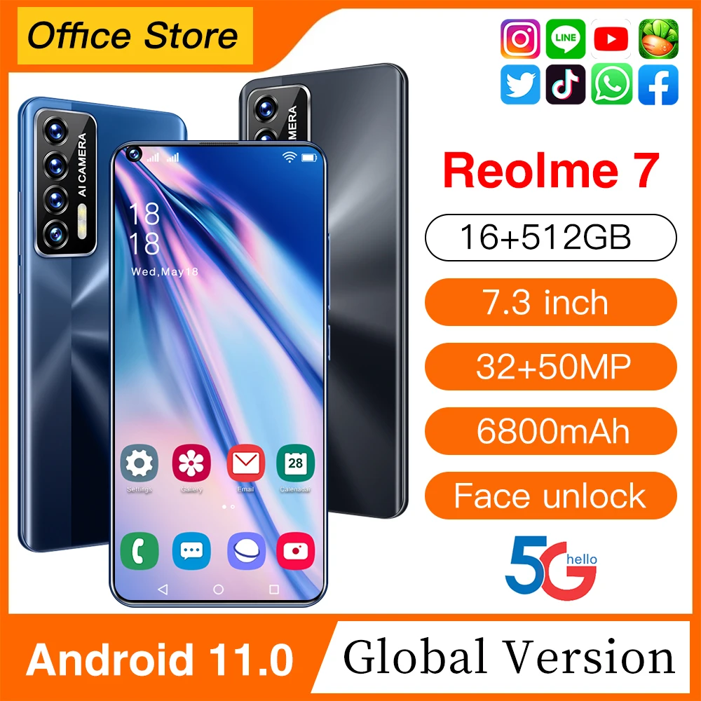 

Global Version Reolme7 16GB 512GB 32PM 50PM Smartphone 6800mah 7.3 Inch Android 11 Snapdragon 888 10 Core Face ID Cell Phones