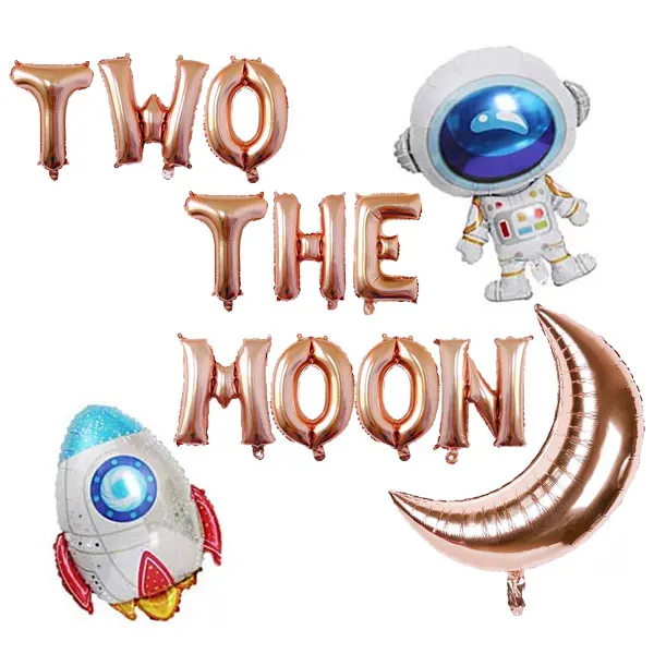 Globos de aluminio de dos lunas, letras plateadas de 16 pulgadas, tema OVNI de Robot de hombre y Luna grande para fiesta de cumplea&ntilde;os de 2 a&ntilde;os-2