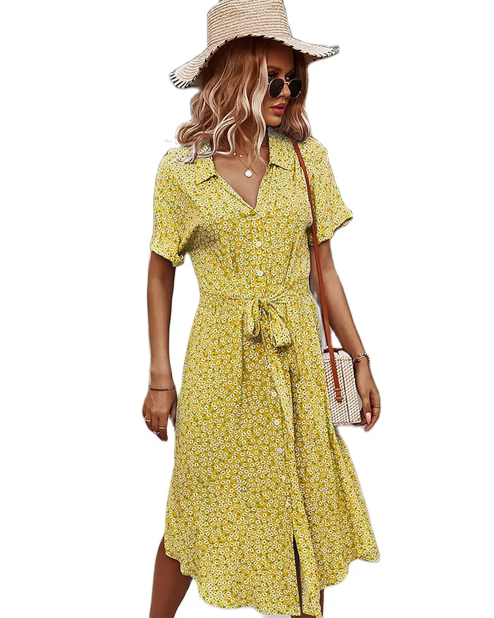 

Women's Summer Printed Slim-Fit Short-Sleeved Lapel V Long Dress Lace-Up Open Buckle Casual Holiday Style Hot Large Swing Skirt