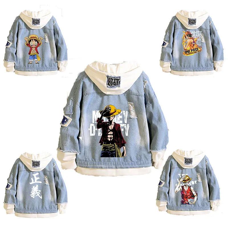 Anime Hole Denim Jacket ONE PIECE Chaqueta Hoodie Man Woman Luffy White beard Cosplay Costume Pure Cotton Fashion Casual Coat |