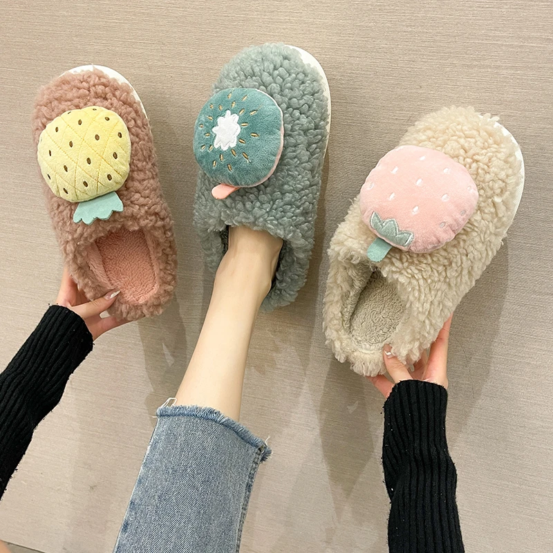 

Faux Wool Fur Fruit Women's Slippers For Home House Cotton Shoes Cute Children Girl Fuzzy Slippers Ladies Indoor Winter Mules