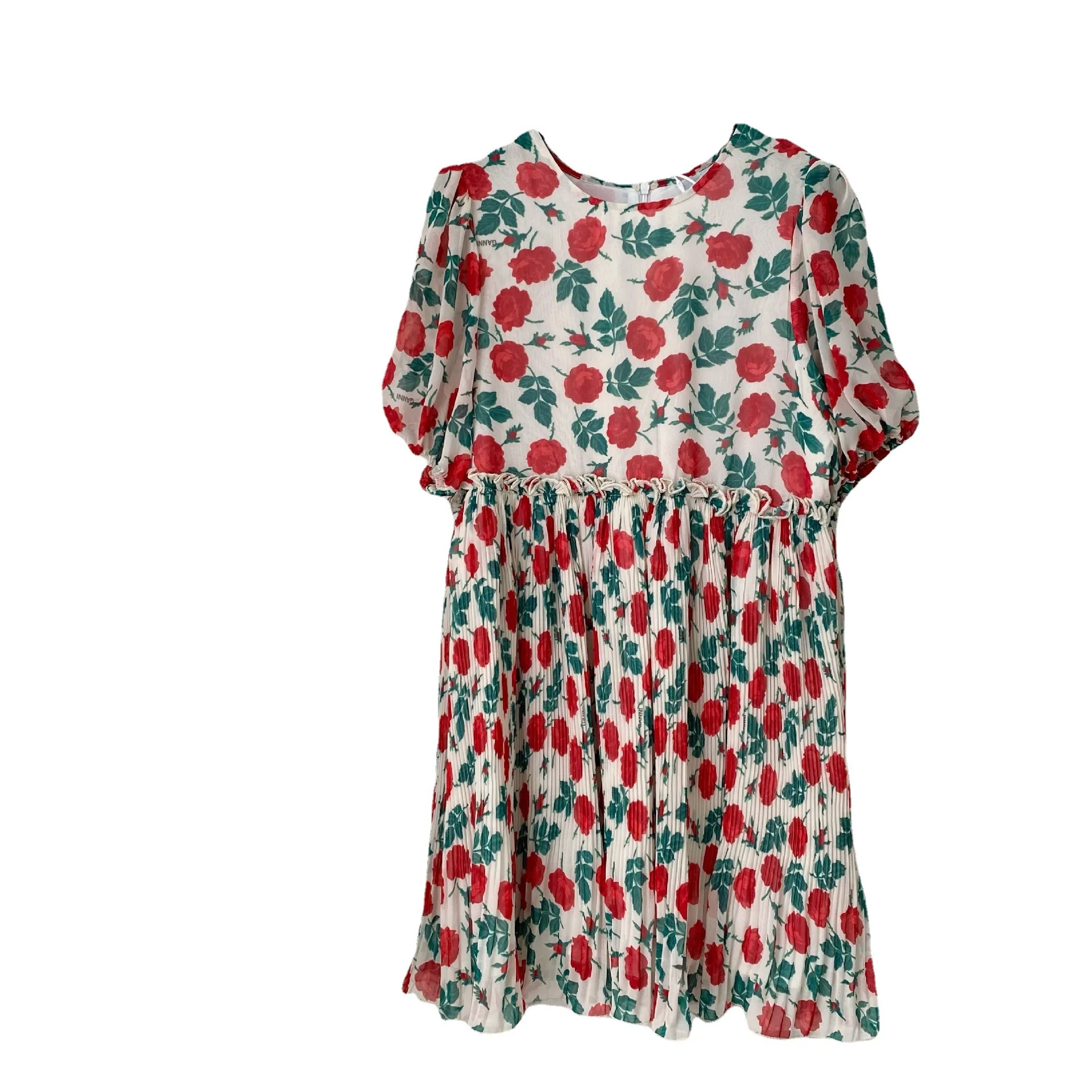 

2021 summer new Jennie Ginny same rose floral pleated foam Sleeve Chiffon Dress