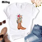 Ботинки Cowgirl, женская футболка с цветочным принтом, повседневная смешная футболка из модала, подарок для женщин, модные топы для девушек, женская одежда
