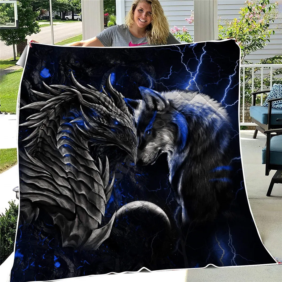 

Флисовое одеяло с 3D-принтом синего дракона и Волка, носимые одеяла для взрослых и детей, теплое шерпа одеяло, Прямая поставка 02