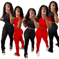 women tracksuit sexy black red bodycon two piece matching set stretchy casual short sleeve crop top sporty stacked bell leggings