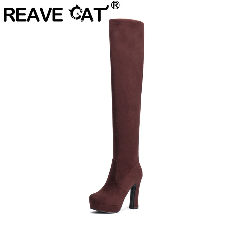 

REAVE CAT 2021 Sexy Ladies Over The Knee Boots Flock Slip On Foldable Platforms 11CM Block Heel US11 12 Black Brown Blue A4478