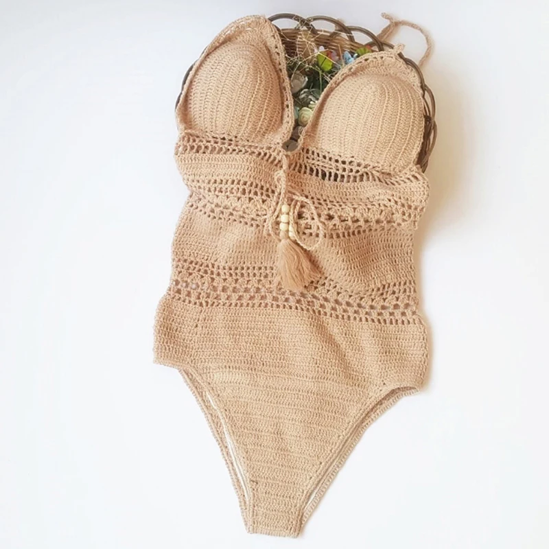 

Crochet Ruffled Bohemian One Piece Swimsuit Women Summer Festival Outfit Open Back Halter Beach Sexy Swimwear Open Back Monokini