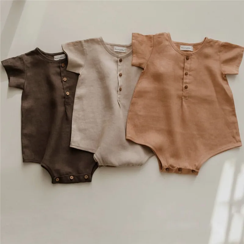 Красивый бренд льняные Комбинезоны для маленьких мальчиков Летний комбинезон с