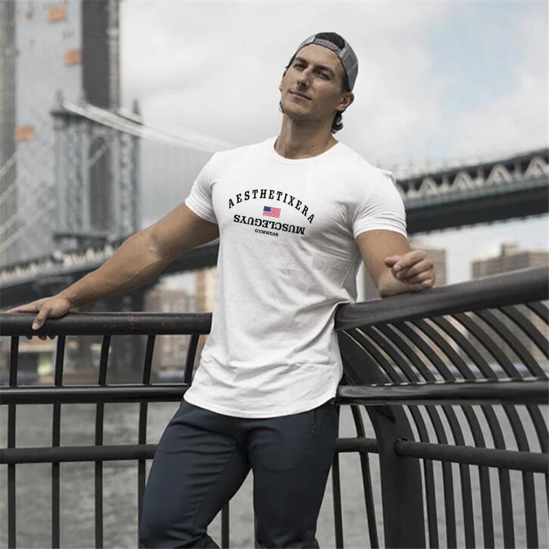 Мужская футболка мускулы мальчики тренажерные залы фитнес топы бодибилдинг