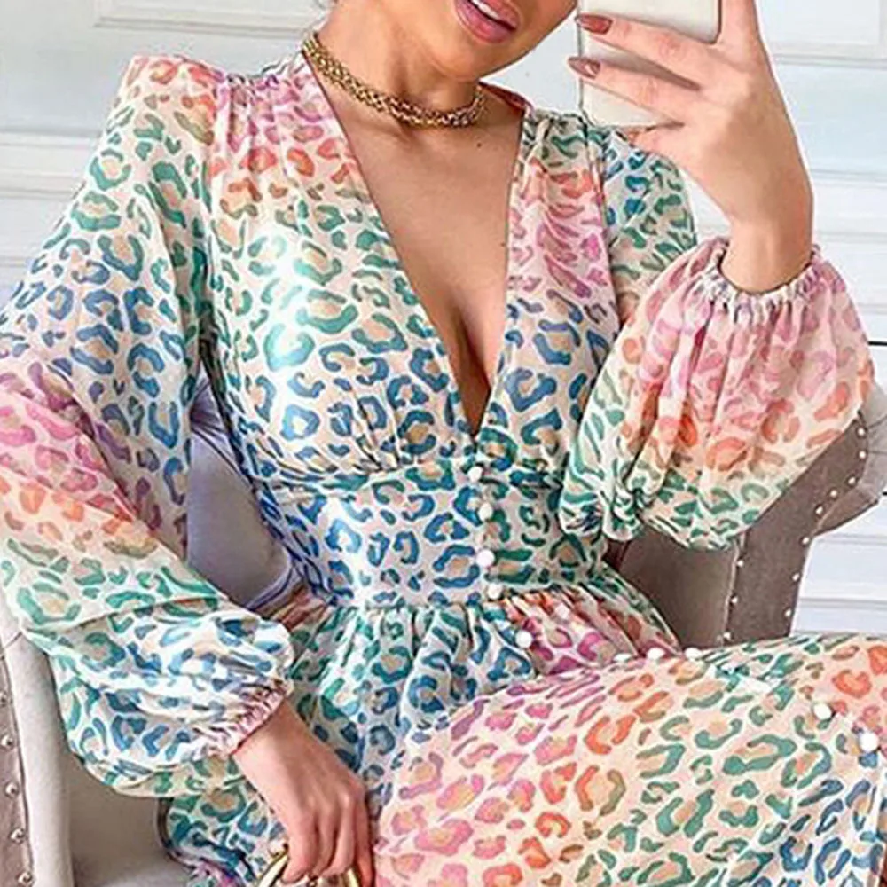 

2021 Summer New Western Style Temperament Printing Leopard V-neck Long Sleeve Women's Dress High Waist Loose Casual