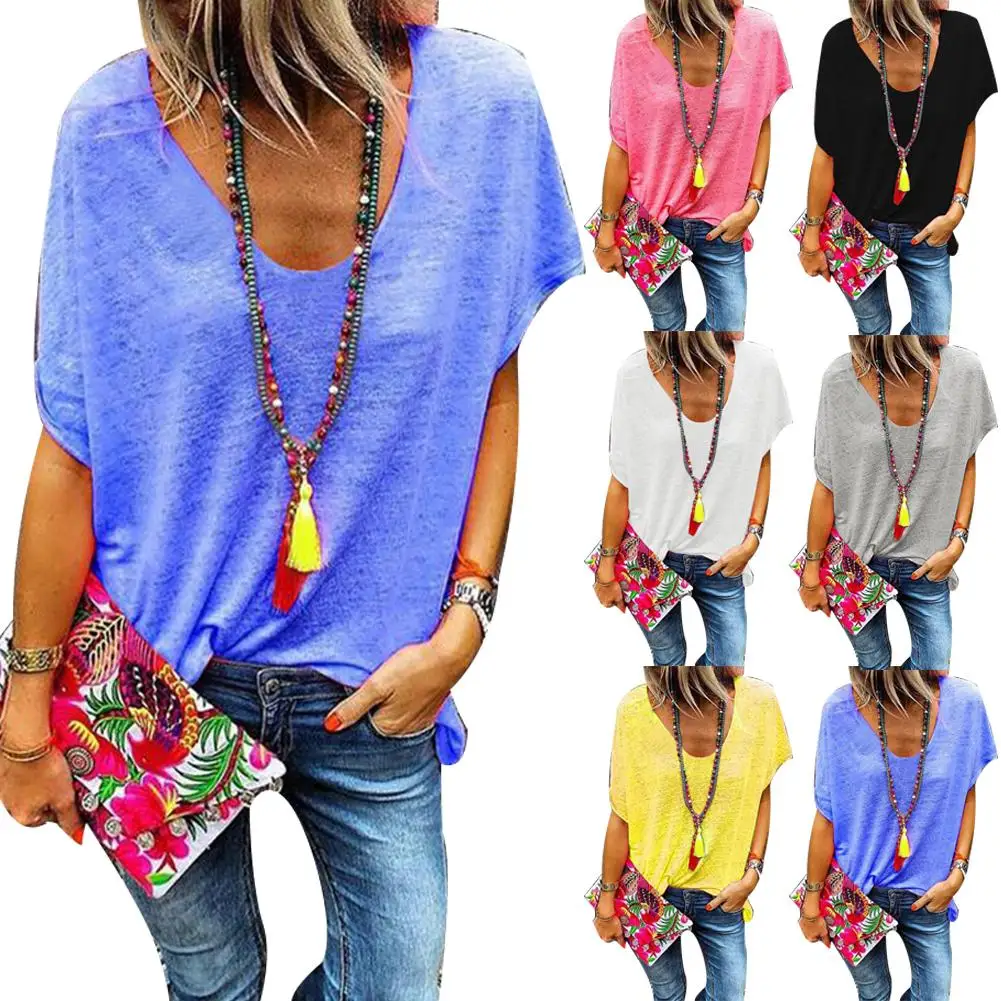 

Plus Size Women Shirts Tops Casual Candy Color V Neck Short Sleeve T-Shirt Summer Female Loose Casaul Top Oversized 6 Colors