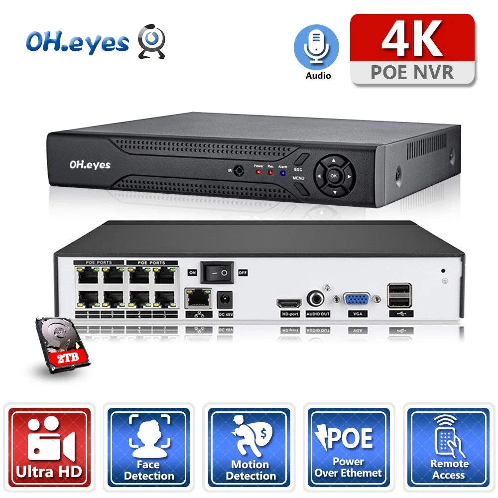 

OH.eyes 4K 8CH POE NVR H.265 Audio Out Surveillance Security DVR Video Recorder for POE IP Camera (1080P/4MP/5MP/8MP/4K)