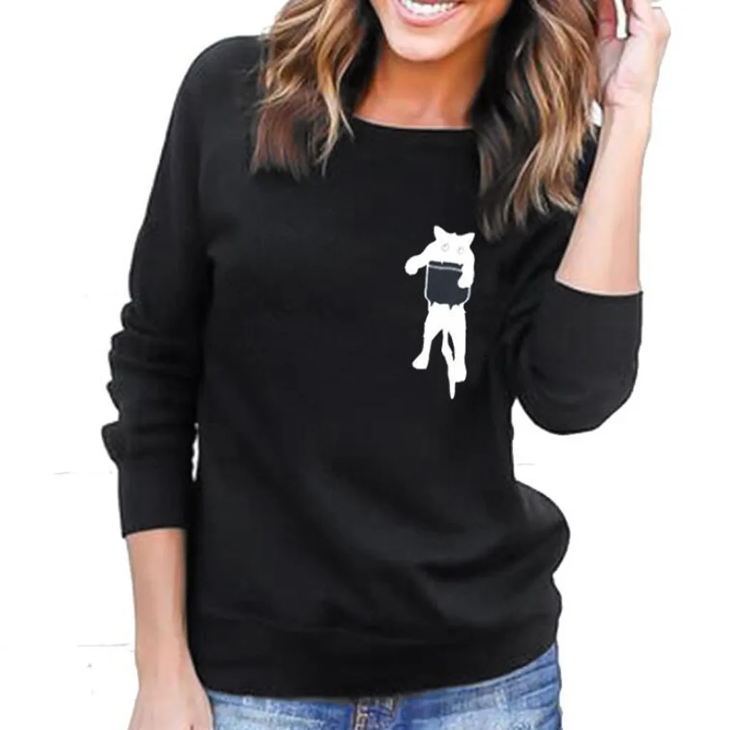 Дышащие женские свитшоты с принтом кота повседневные блузки и топы женская