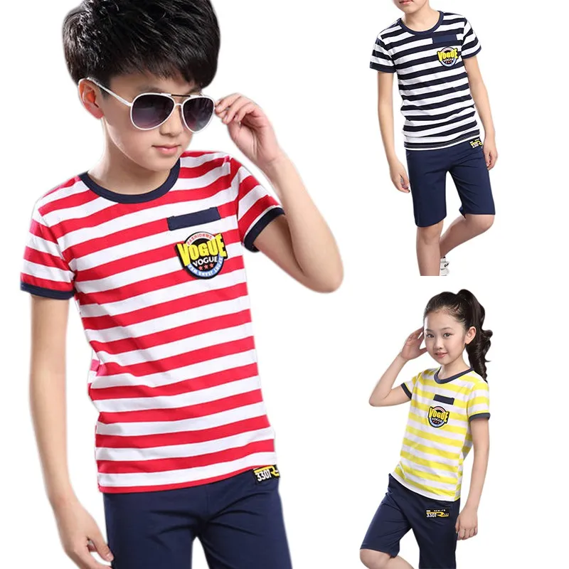 Летние Детские хлопковые комплекты из 2 предметов в полоску с короткими рукавами