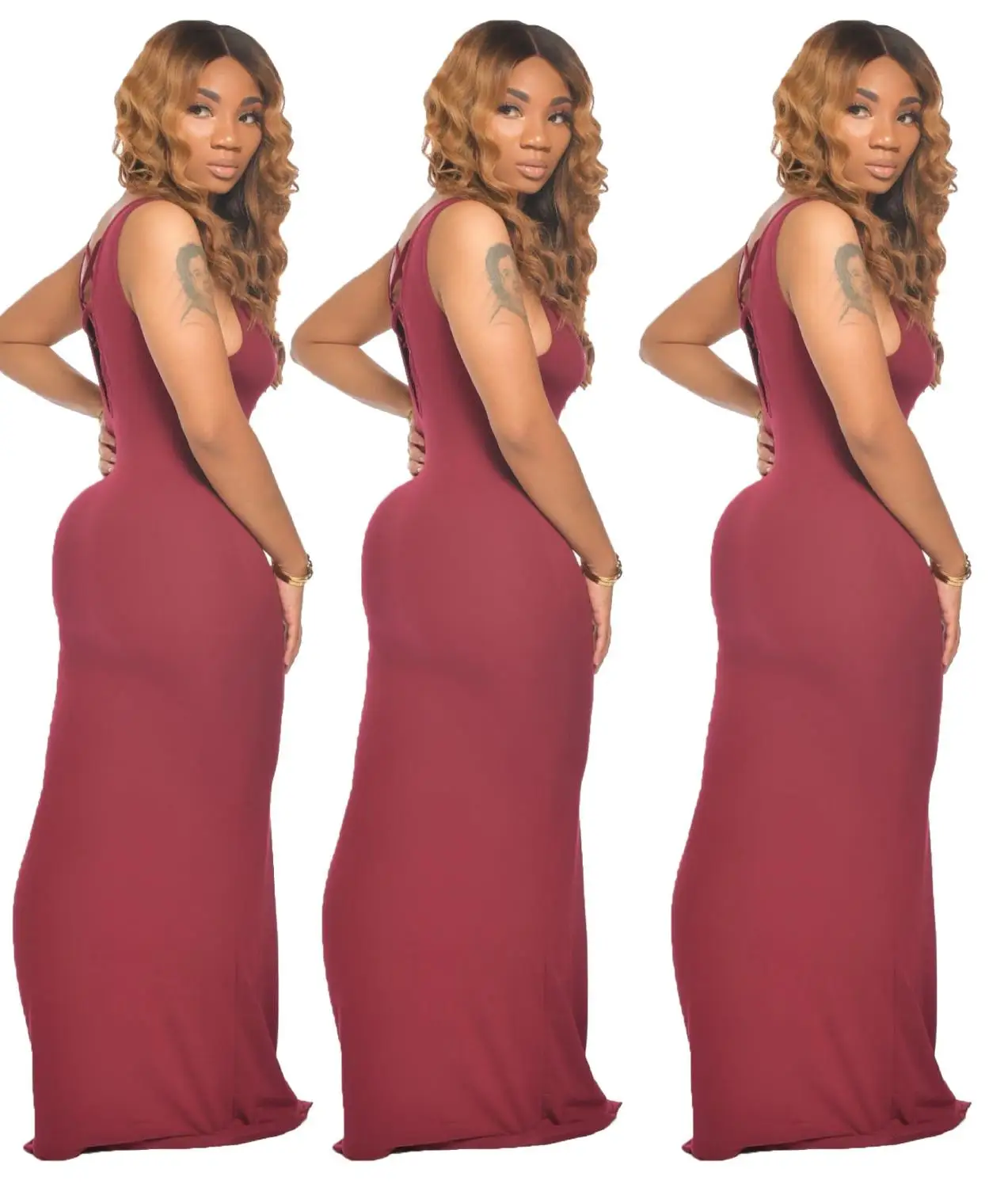 

Fashionable and sexy dress is worn on both sides of solid color long paragraph dress hollow out fitness package buttock dress