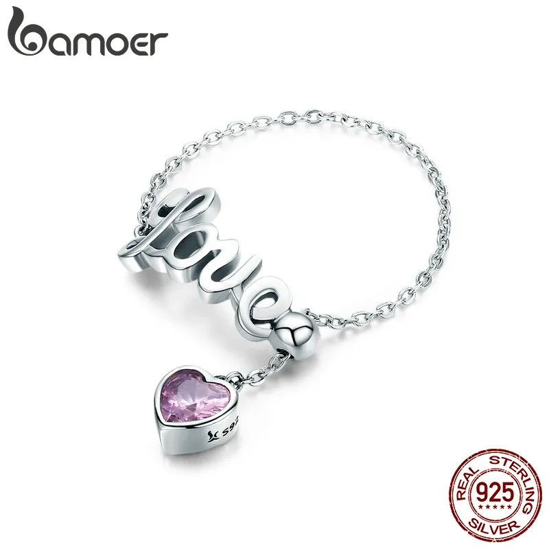 BAMOER, настоящее 925 пробы Серебряное кольцо с надписью Love, регулируемое кольцо на палец, Женское кольцо на палец для вечеринки, ювелирные изделия из стерлингового серебра SCR246