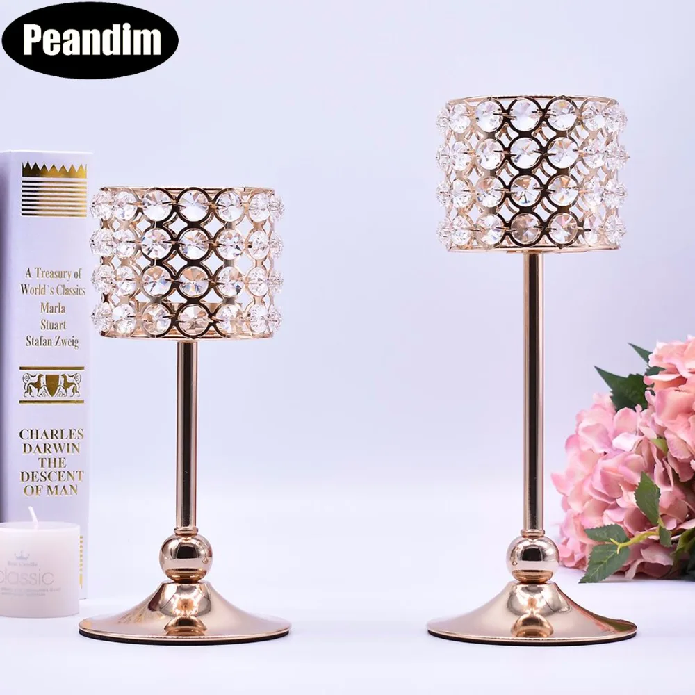 

PEANDIM Home Dinner Table Center Centerpieces K9 Crystal Candle Holders Set Gold Candle Lantern Candlestick For Valentine's Day